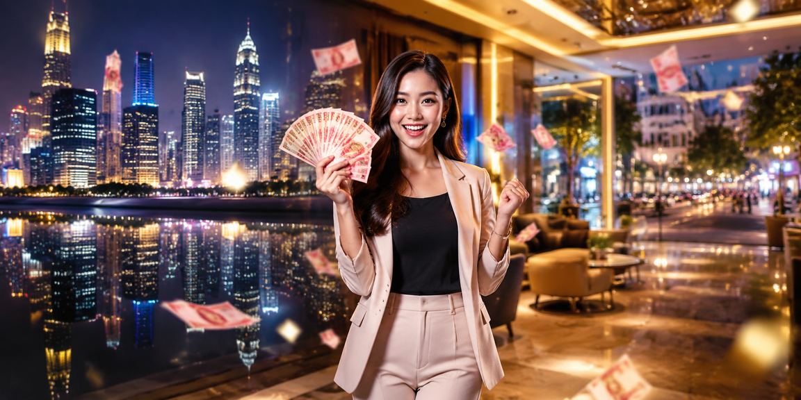 Model Vietnam memperlihatkan bonus cashback di layar ponsel dengan senyuman